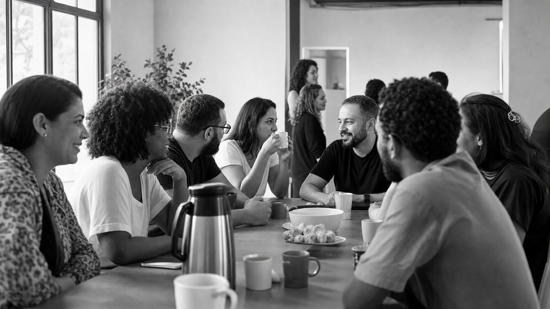 Pessoas conversando durante um café comunitário